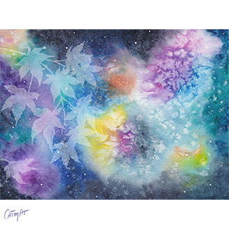 Galaxie nebuleuse feerie univers rose, gris de payne, violet, bleu, orange, feuillage transparent